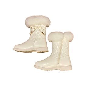 Kids White Quilted Boots with Faux Fur Trim